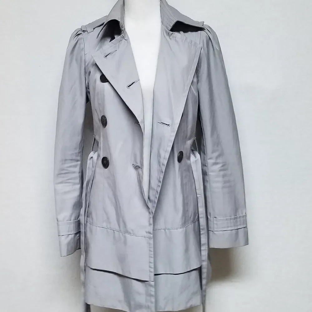 BLACK Rivet Dove Gray Belted Layered  Puff Shoulder Trench Coat Over Coat Small